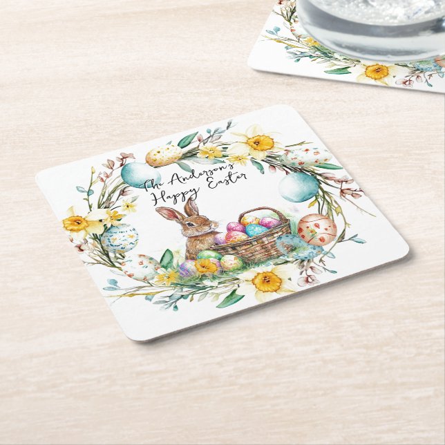 Bunny with decorative eggs I floral Easter Square Paper Coaster (Angled)