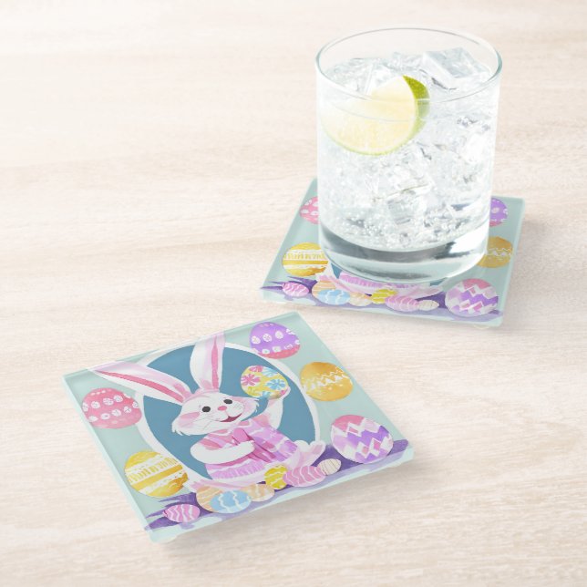 bunny with easter eggs glass coaster (Angled)