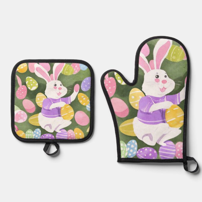 bunny with easter eggs oven mitt & pot holder set (Front)