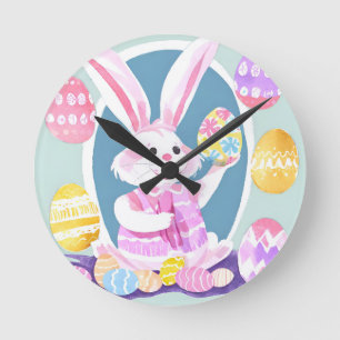 bunny with easter eggs round clock