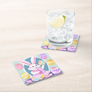 bunny with easter eggs square paper coaster