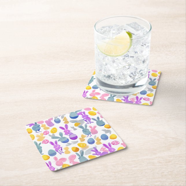 bunny with easter eggs square paper coaster (Insitu)