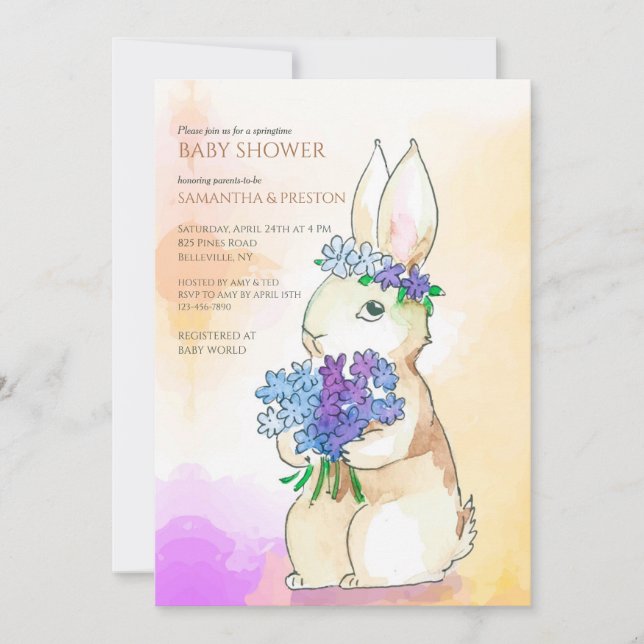 Bunny With Flower Bouquet Baby Shower Invitation (Front)