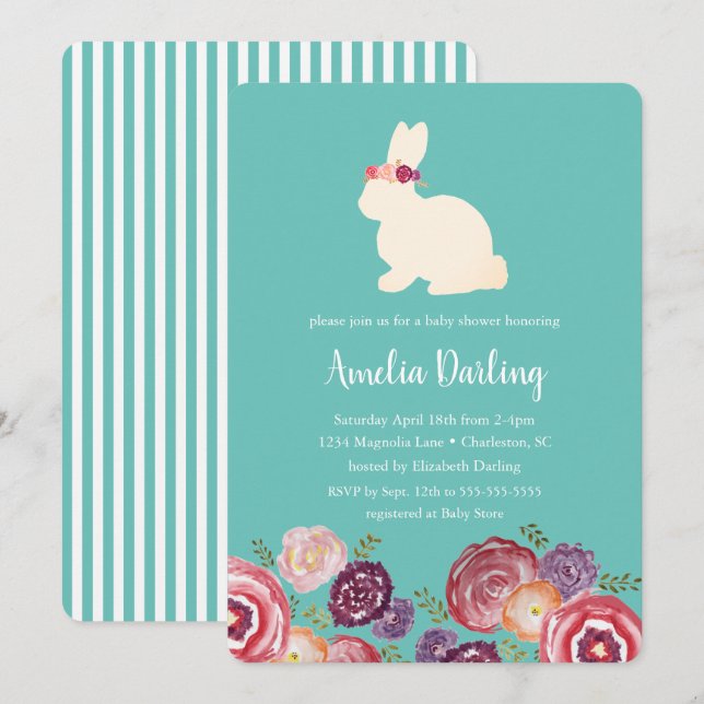 Bunny with Flowers Headband Baby Shower Invitation (Front/Back)