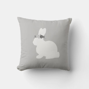 Bunny with Flowers Painting Grey Throw Pillow