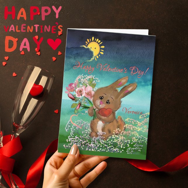 Bunny with flowers Valentine's Day Card (Bunny with heart and flower for Valentine's Day Card , for kids, sister, mother, lover, girlfriend)