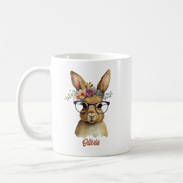 Bunny With Glasses Flowers Crown watercolor Design Coffee Mug (Left)