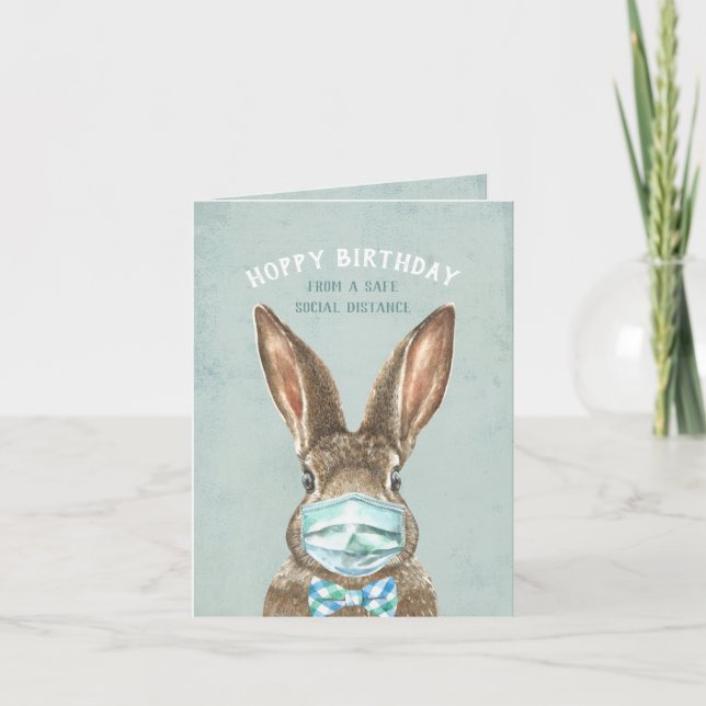 Bunny with Mask Social Distancing Happy Birthday Card (Front)
