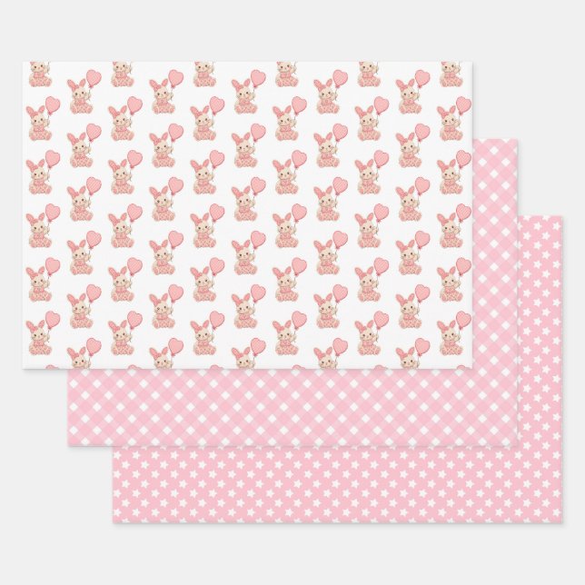 Bunny with Pink Balloon  Wrapping Paper Sheet (Set)