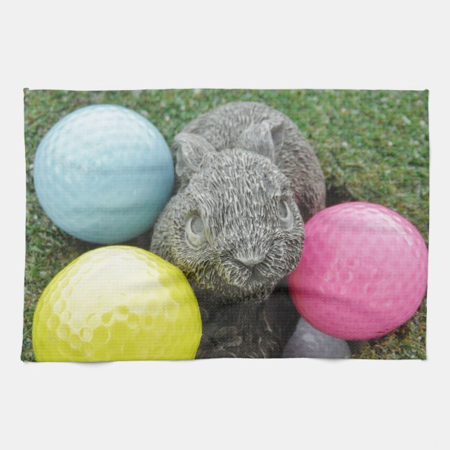 Bunny with pink blue yellow egg tea towel (Horizontal)