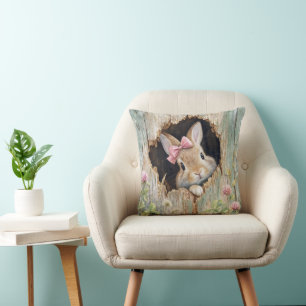 Bunny with Pink Bow in Fence Hole Cushion