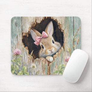 Bunny with Pink Bow Peeking from Fence Hole Mouse Mat
