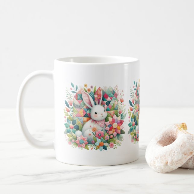 Bunny with Quilt and Flowers Coffee Mug (With Donut)