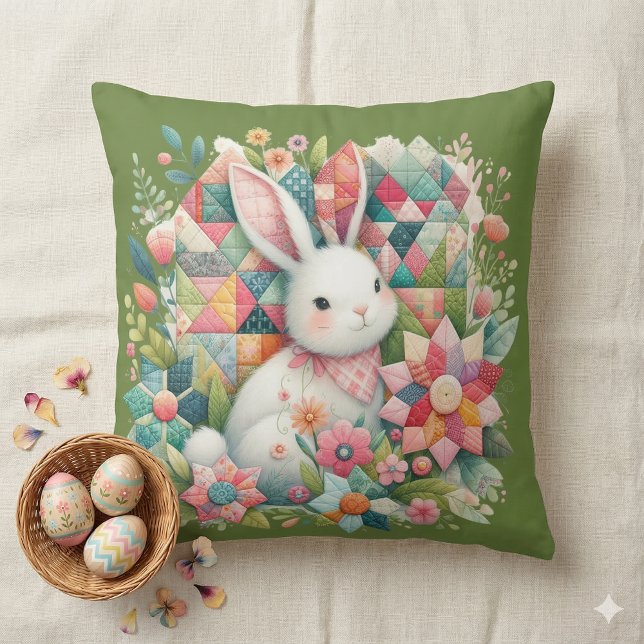 Bunny with Quilt and Flowers Cushion (Bunny with Quilt and Flowers Throw Pillow Mockup A)
