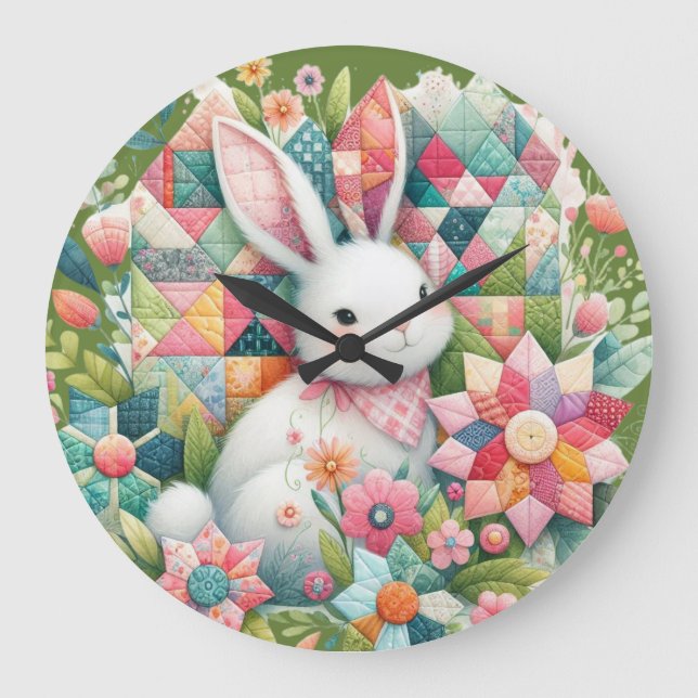 Bunny with Quilt and Flowers Large Clock (Front)
