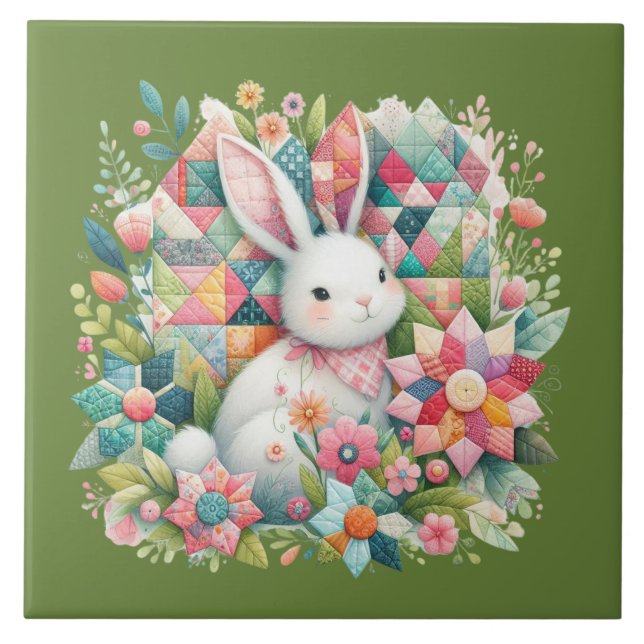 Bunny with Quilt and Flowers Tile (Front)