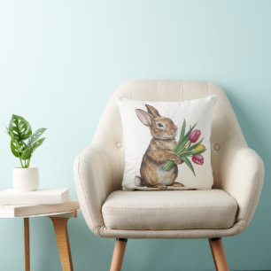 Bunny With Tulip Bouquet Cushion