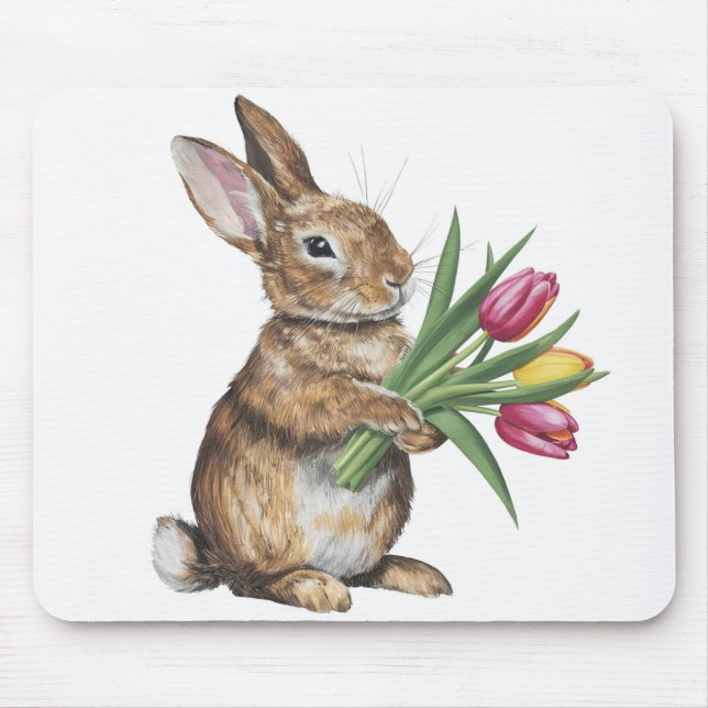 Bunny With Tulip Bouquet Mouse Mat (Front)