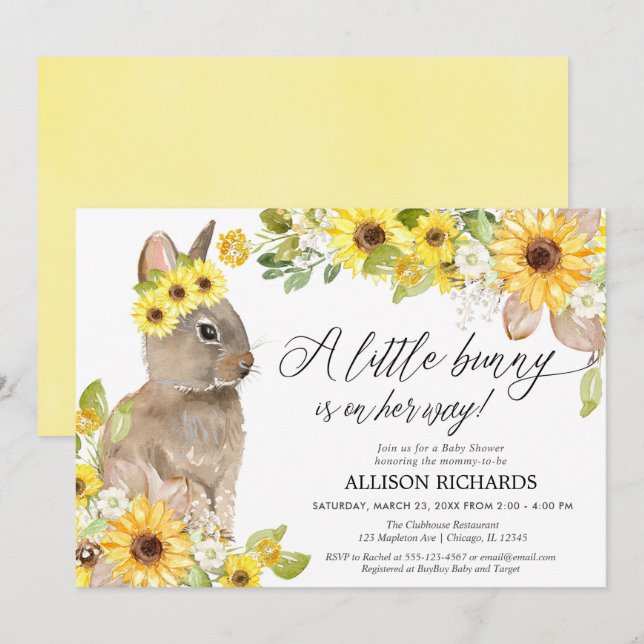 Bunny yellow sunflowers cute girl baby shower invitation (Front/Back)