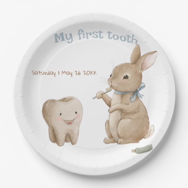 Bunny's boy First Tooth Party Paper Plate (Front)