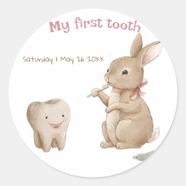 Bunny's girl First Tooth Party Classic Round Sticker (Front)