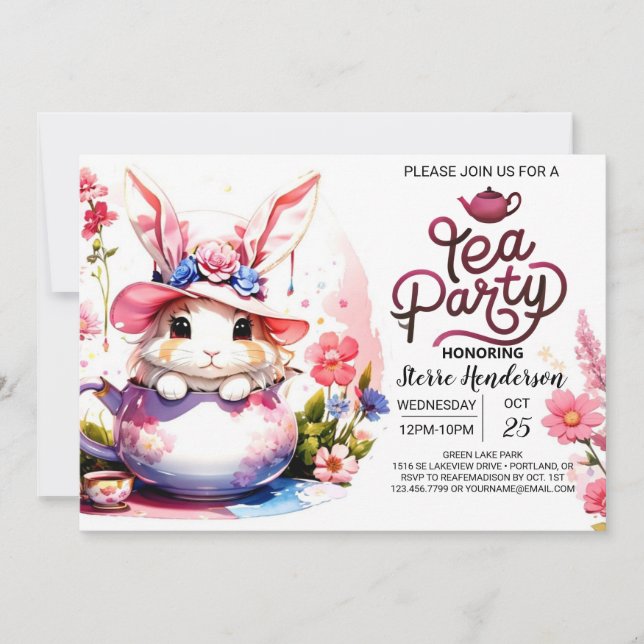 Bunny's Watercolor Tea Party Invitation (Front)