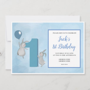 Bunny's with Balloon - 1st Birthday - Blue Invitation