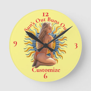 Buns Out Bikini Beach Girl Thunder_Cove  Round Clock