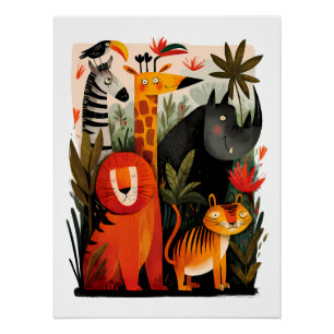 Bunte Tier Illustration – Fantasie Dschungeltiere Poster