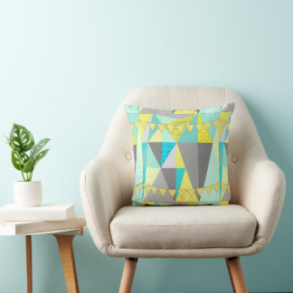 Bunting Aqua Yellow Grey Abstract Triangle Pattern Cushion