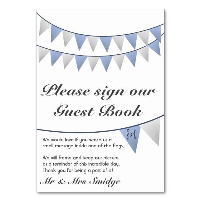 Bunting Blue Wedding Guest Book Sign Table Number (Front)