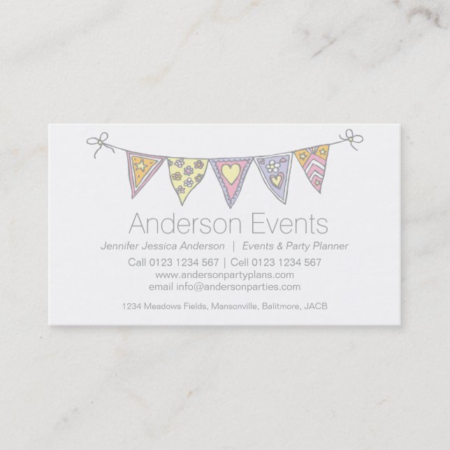 Bunting drawn party event planning business cards (Front)