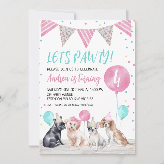 Bunting Flag Dogs Let's Pawty Birthday Invitation (Front)