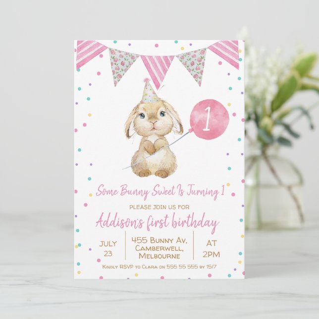 Bunting Flag Fluffy Bunny 1st Birthday Invitation (Standing Front)