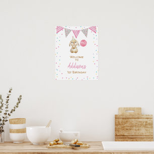 Bunting Flag Fluffy Bunny 1st Birthday Welcome  Poster