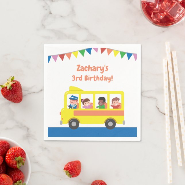 Bunting Flag Yellow School Bus Kids Birthday Party Napkin (Insitu)