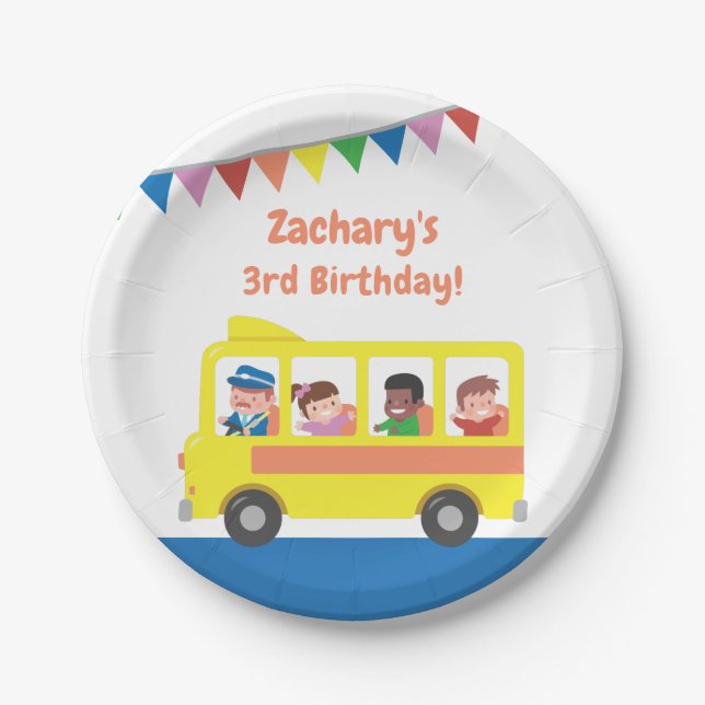 Bunting Flag Yellow School Bus Kids Birthday Party Paper Plate (Front)