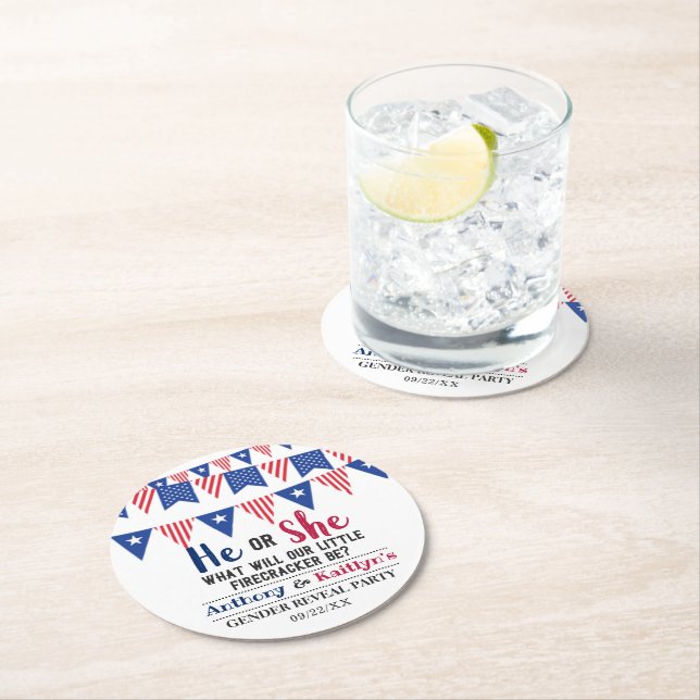 Bunting Flags 4th Of July Gender Reveal Party Round Paper Coaster (Insitu)