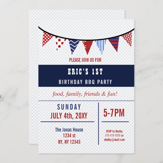 Bunting July 4th Birthday party Invitation (Front/Back)