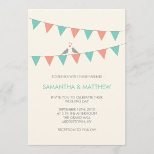 Bunting Love Birds Wedding Invitation - Blue Pink