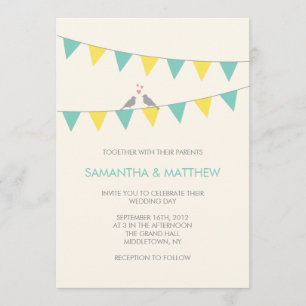 Bunting Love Birds Wedding Invitation  Blue Yellow
