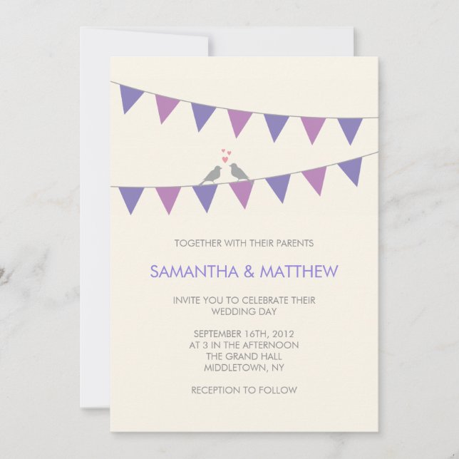 Bunting Love Birds Wedding Invitation Purple (Front)