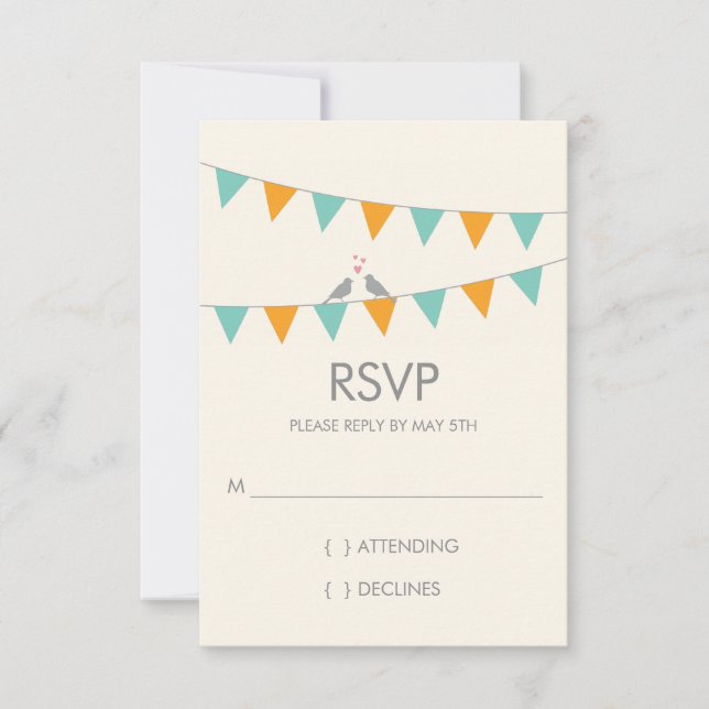 Bunting Love Birds Wedding RSVP - Blue Orange (Front)