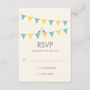 Bunting Love Birds Wedding RSVP - Blue Yellow Card