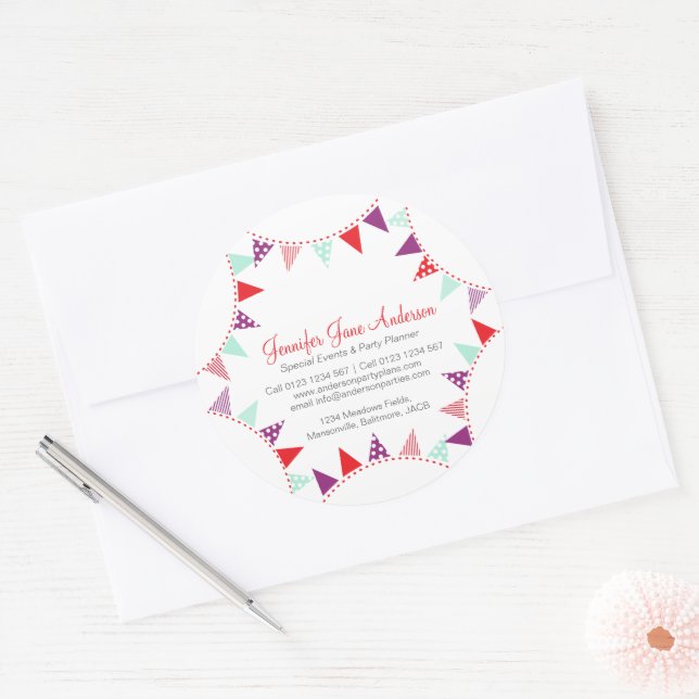 Bunting party events planner red purple aqua classic round sticker (Envelope)