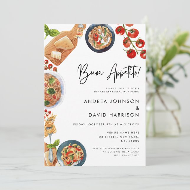 Buon Appetito! Italian Pasta Food Rehearsal Dinner Invitation (Standing Front)