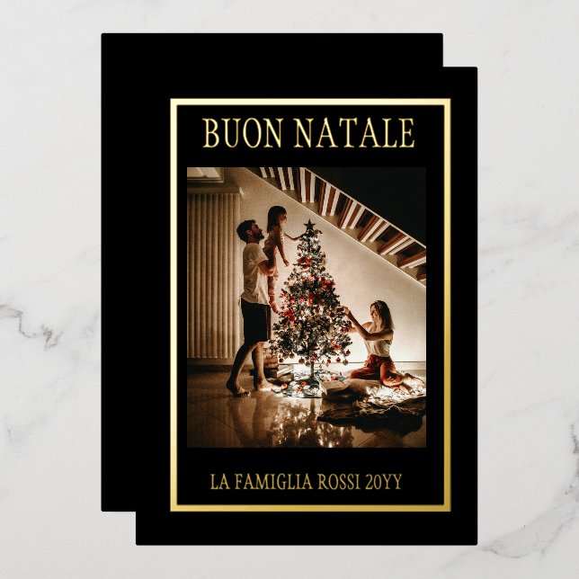 Buon Natale Black & Gold Simple Modern Photo Foil Holiday Card (Front/Back)