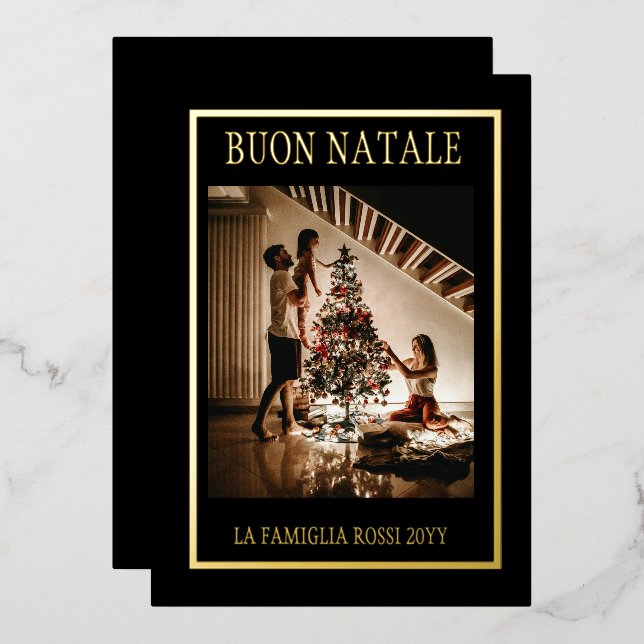 Buon Natale Black & Gold Simple Modern Photo Foil Holiday Card (Front/Back)