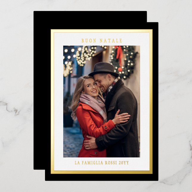 Buon Natale Black Gold Simple Modern Photo Foil Holiday Card (Front/Back)