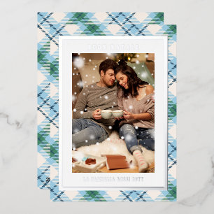 Buon Natale Blue Green Plaid Tartan Photo Foil Holiday Card